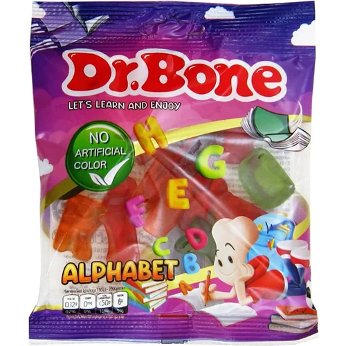 پاستیل با طعم میوه ای حروف ALPHABET دکتر بن Dr.Bone با رنگ طبیعی 85 گرمی